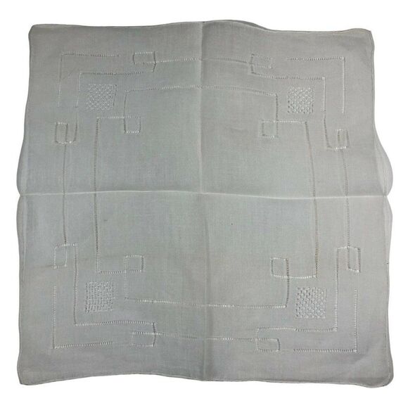 Vintage White Handkerchief Hanky With Geometric Stitching Dresser Scarf Pocket - Picture 3 of 5